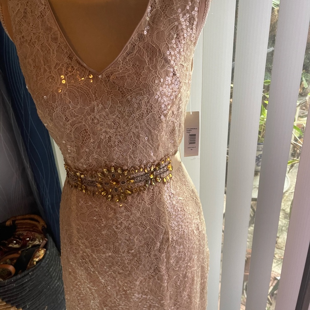 Badgley Mischka Blush Lace Midi Dress with Gold Jeweled Waist